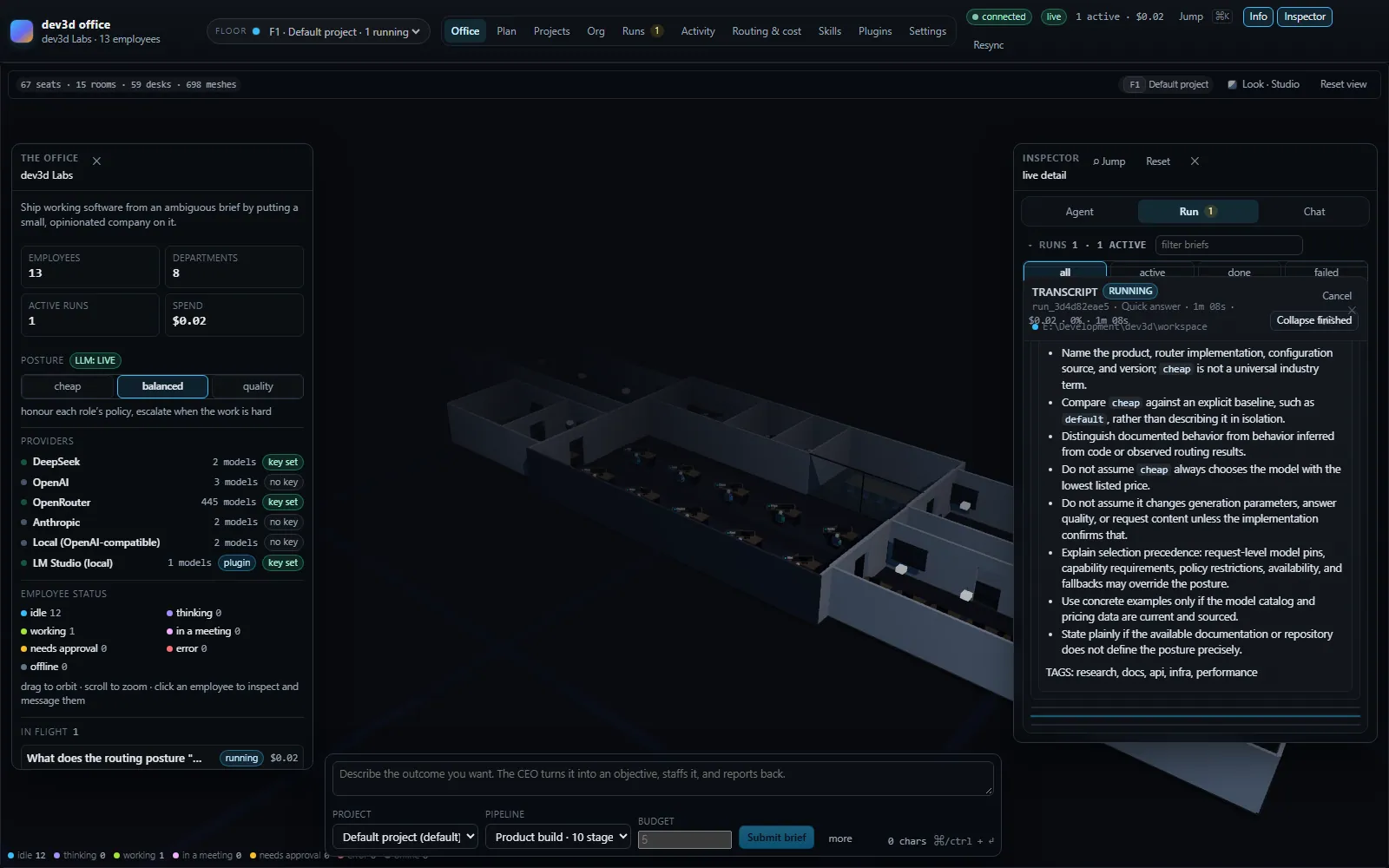 The dev3d console: a 3D floor of an office with employees at their desks, an information panel on the left, the inspector on the right and a brief composer docked at the bottom.