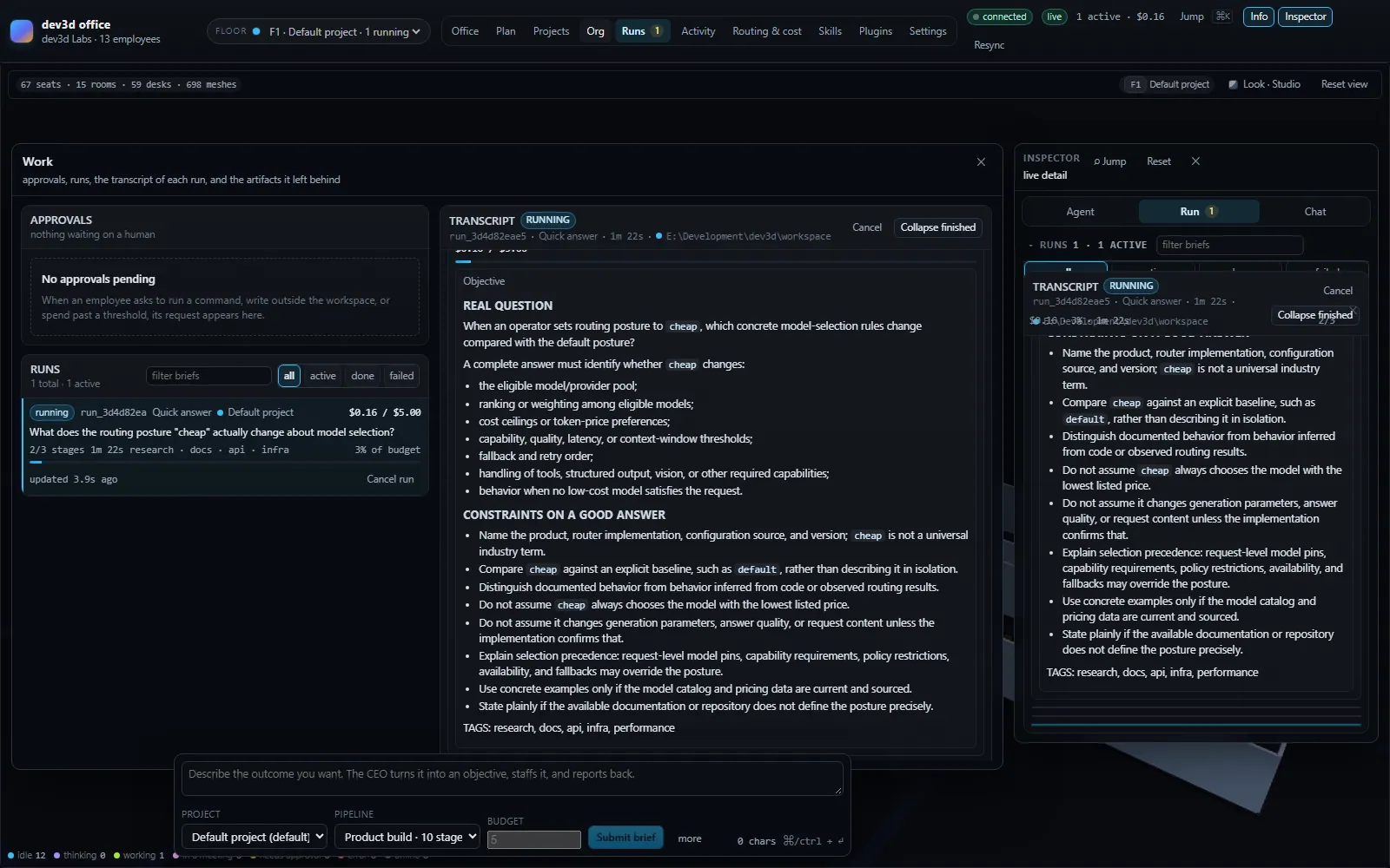 The Work page: approvals waiting on a human, the list of runs with their cost and stage, and the transcript of the run in progress showing its objective and constraints.