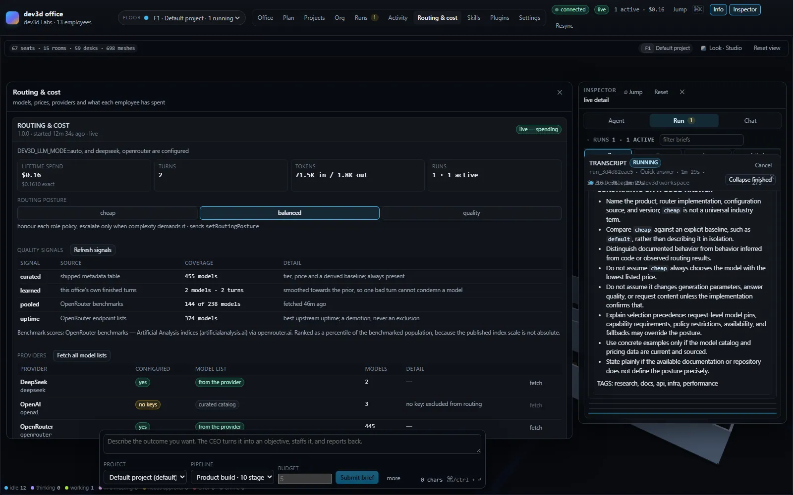 The Routing and cost page: the model catalog with providers and prices, and the spend attributed to each employee.