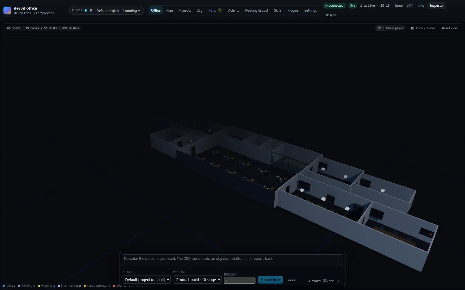 The 3D office alone with no panels: a floor plate of rooms, glass partitions and desks.